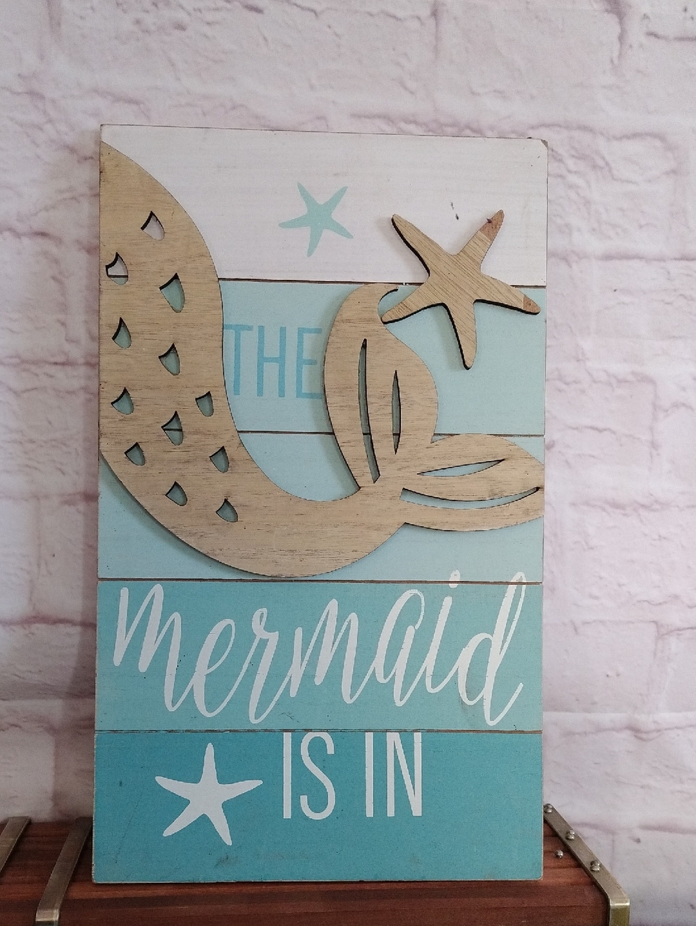 Mermaid Wall Plaque - Aqua & Natural Wood